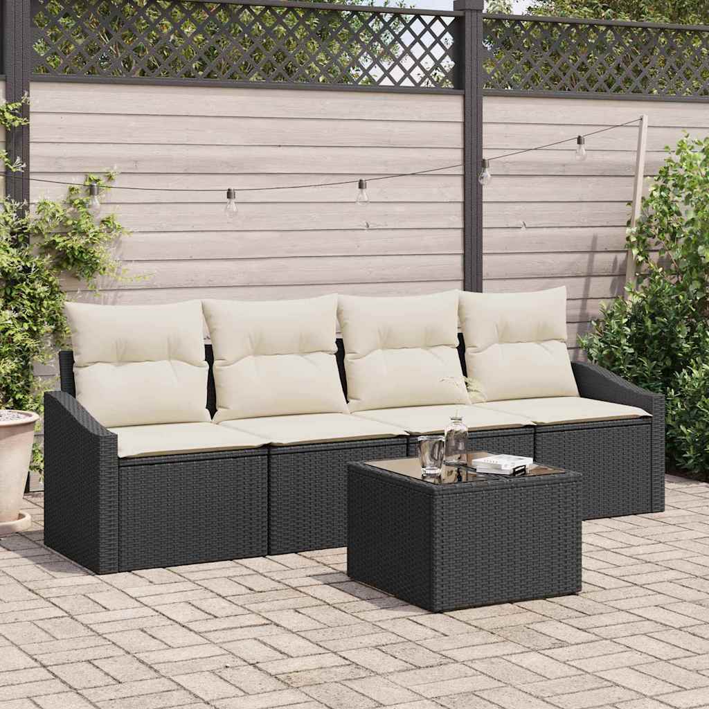 Bankstel met kussen met kussen 5 pcs Zwart en Crème poly rattan is nu te koop bij PeponiXL, paradijselijk wonen!