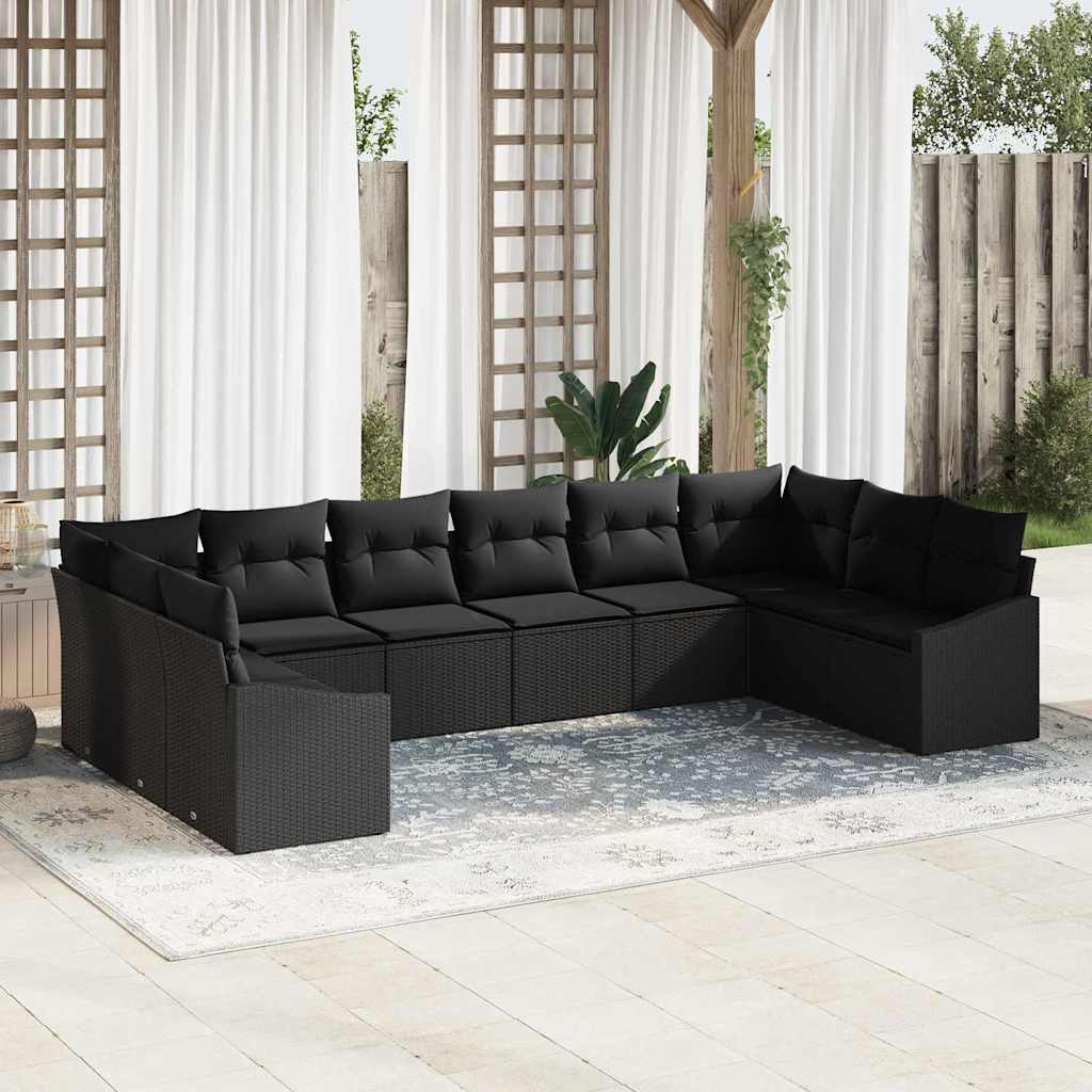 Bankstel met kussen 10 pcs Zwart poly rattan is nu te koop bij PeponiXL, paradijselijk wonen!