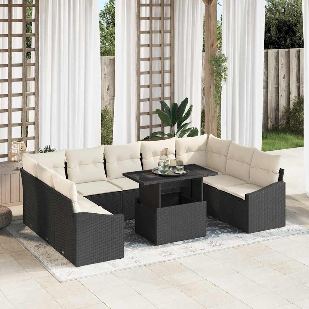 Bankstel met kussen 10 pcs Zwart en Crème poly rattan is nu te koop bij PeponiXL, paradijselijk wonen!
