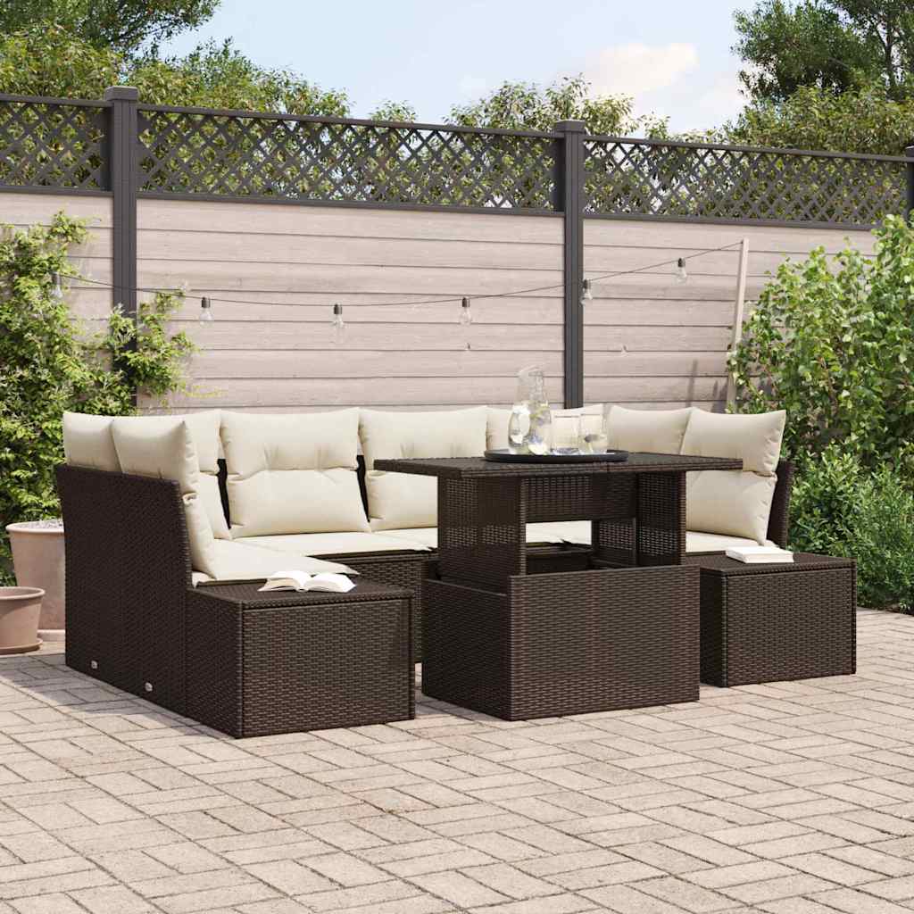 Bankstel met kussen 7 pcs Bruin en Crème poly rattan is nu te koop bij PeponiXL, paradijselijk wonen!