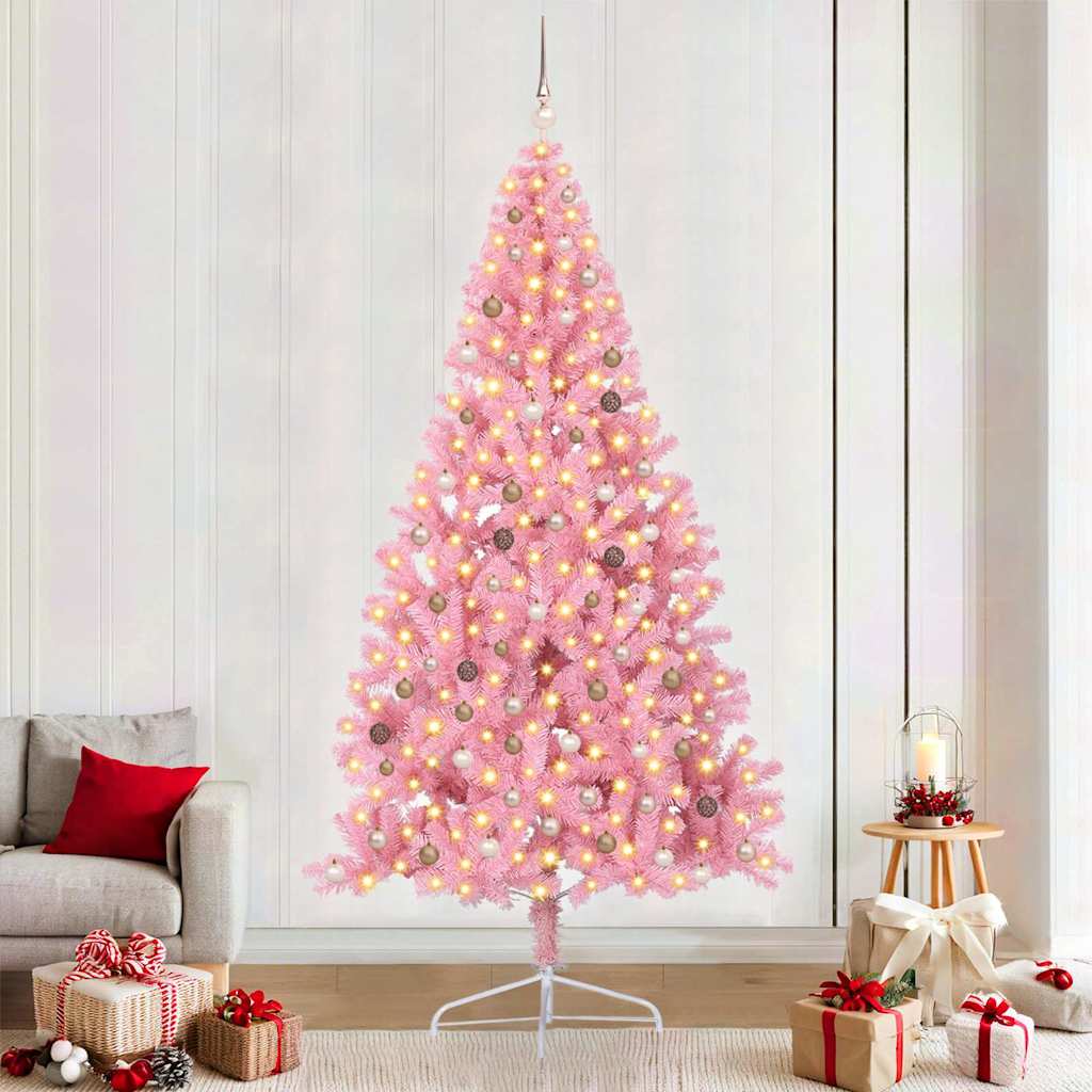 Kunstmatig Voorverlicht Kerstboom met 300 LED Roze 240 cm PVC is nu te koop bij PeponiXL, paradijselijk wonen!