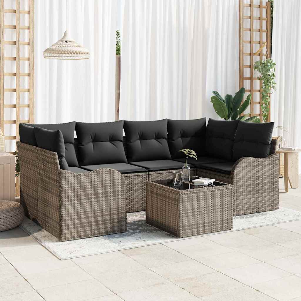 Tuin Sofa Set met kussen 7 pcs Grijs Poly rattan, staal en glas is nu te koop bij PeponiXL, paradijselijk wonen!