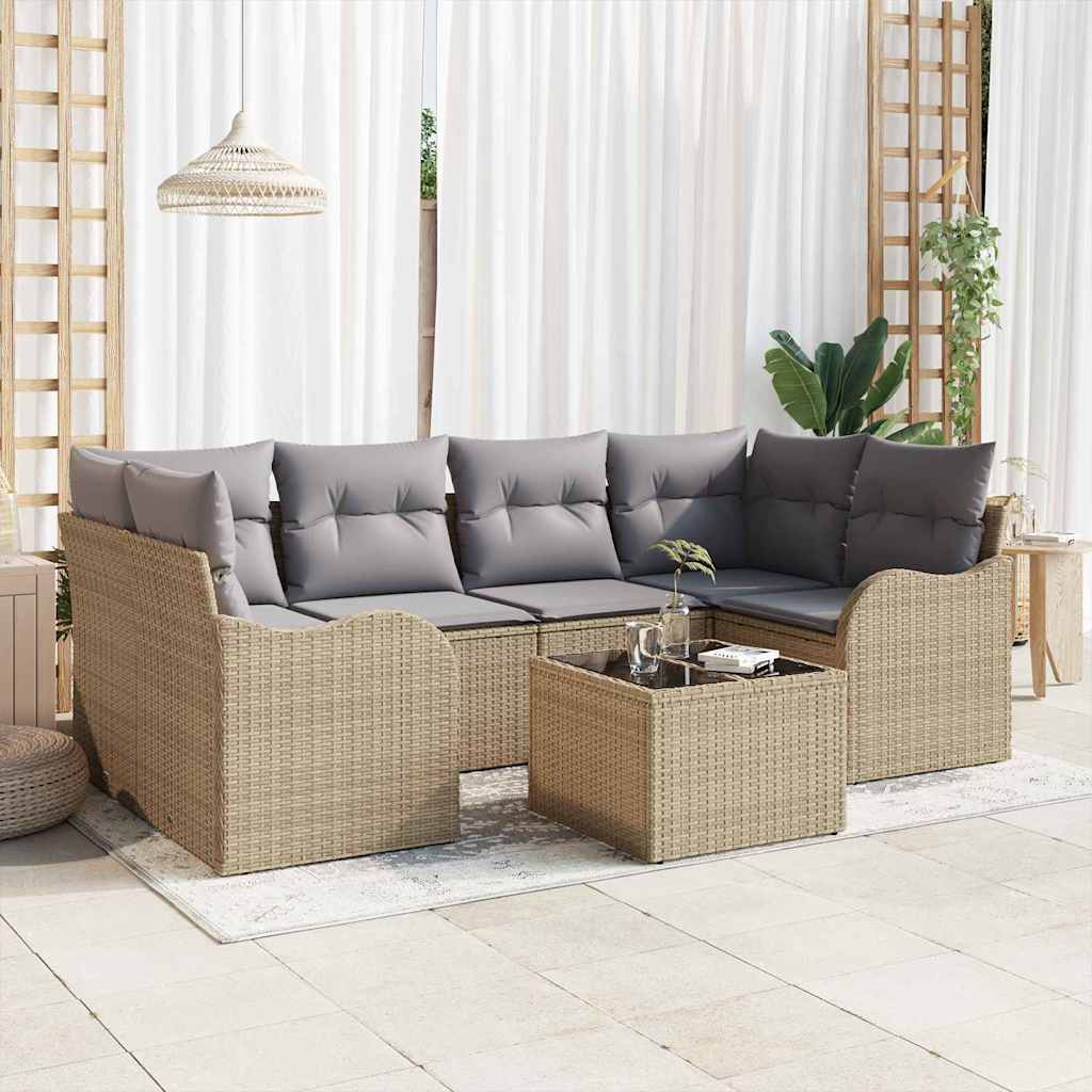 Tuin Sofa Set 7 pcs Beige en Grijs Poly rattan, staal en glas is nu te koop bij PeponiXL, paradijselijk wonen!