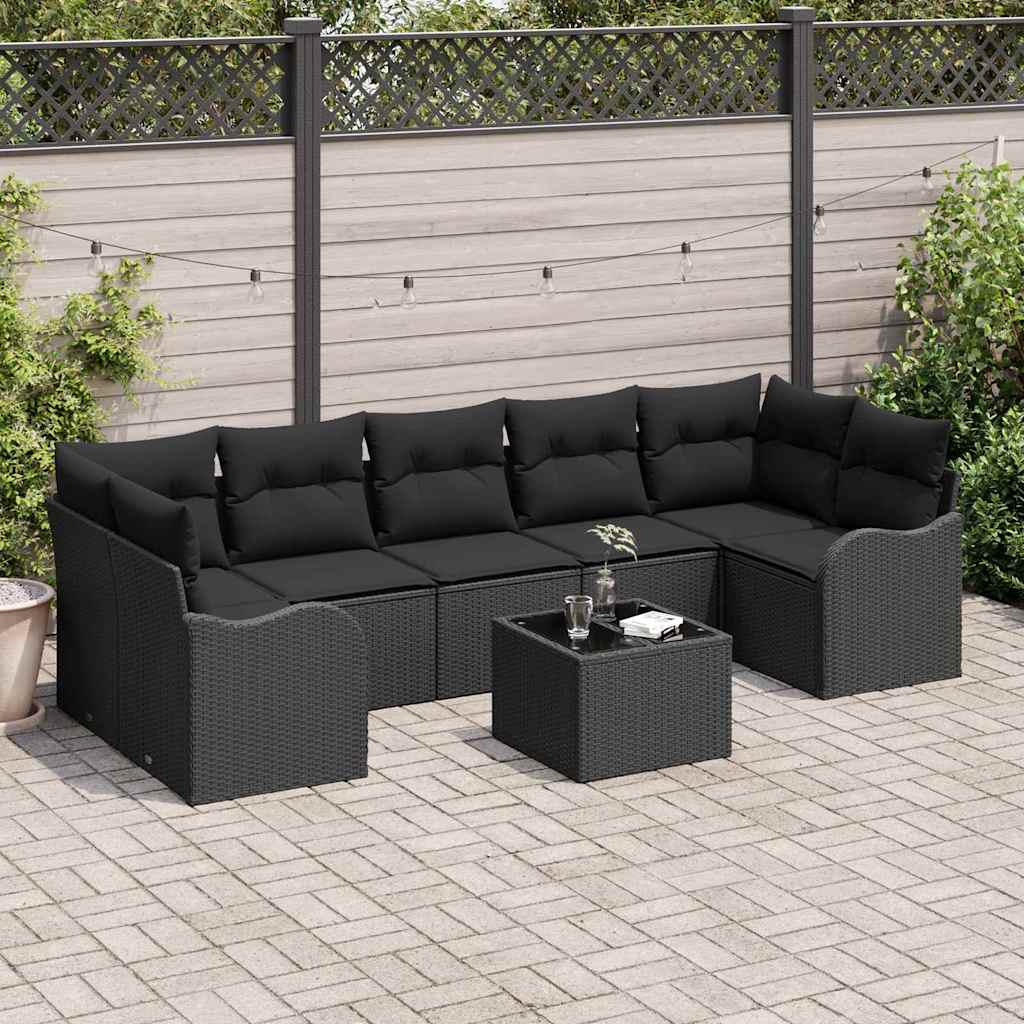 Tuin Sofa Set met kussen 8 pcs Zwart Poly Riet en Staal en Glas is nu te koop bij PeponiXL, paradijselijk wonen!