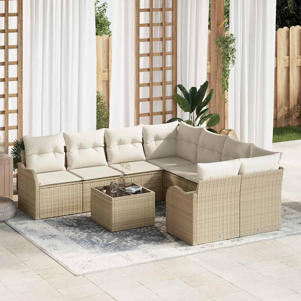 Tuin Sofa Set 9 pcs Beige en Crème Poly Riet en Staal en Glas is nu te koop bij PeponiXL, paradijselijk wonen!