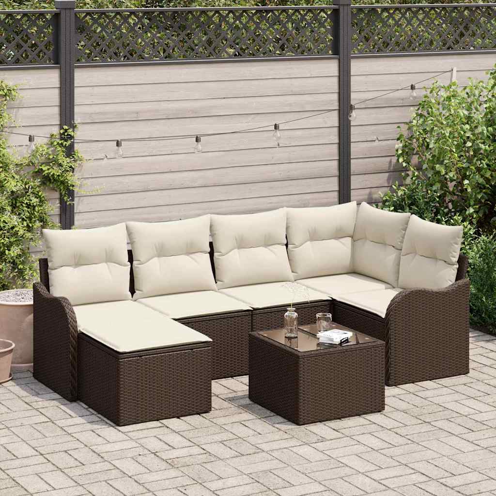 Tuin Sofa Set met kussen 7 pcs Bruin en wit Poly riet is nu te koop bij PeponiXL, paradijselijk wonen!