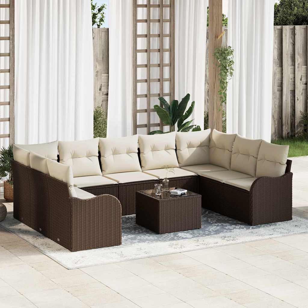 Tuin Sofa Set met kussen 10 pcs Bruin en wit Poly riet is nu te koop bij PeponiXL, paradijselijk wonen!