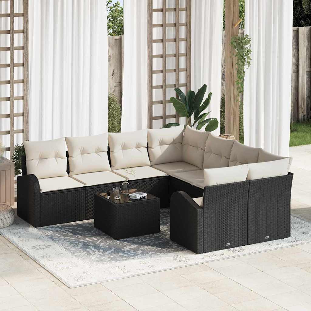 Bankstel met kussen met opslag 9 pcs Zwart en Crème poly rattan is nu te koop bij PeponiXL, paradijselijk wonen!