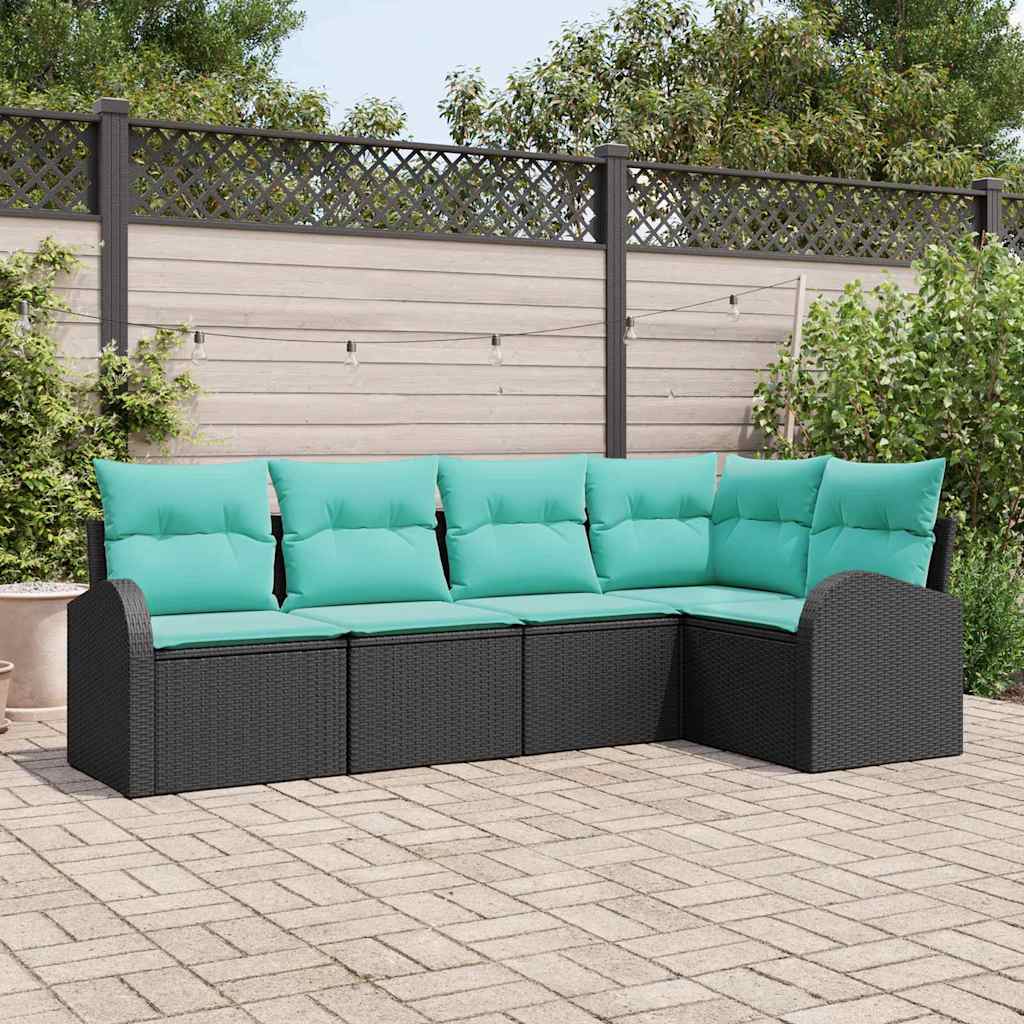 Tuinbankenset met kussen 5 pcs Zwart en Turquoise poly rattan is nu te koop bij PeponiXL, paradijselijk wonen!