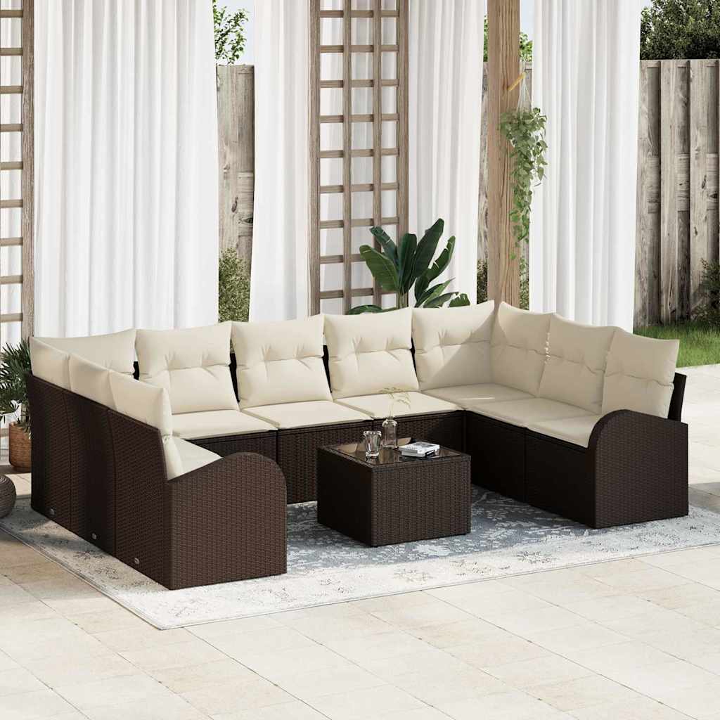 Tuinbankenset met kussen 10 pcs Bruin en wit poly rattan is nu te koop bij PeponiXL, paradijselijk wonen!