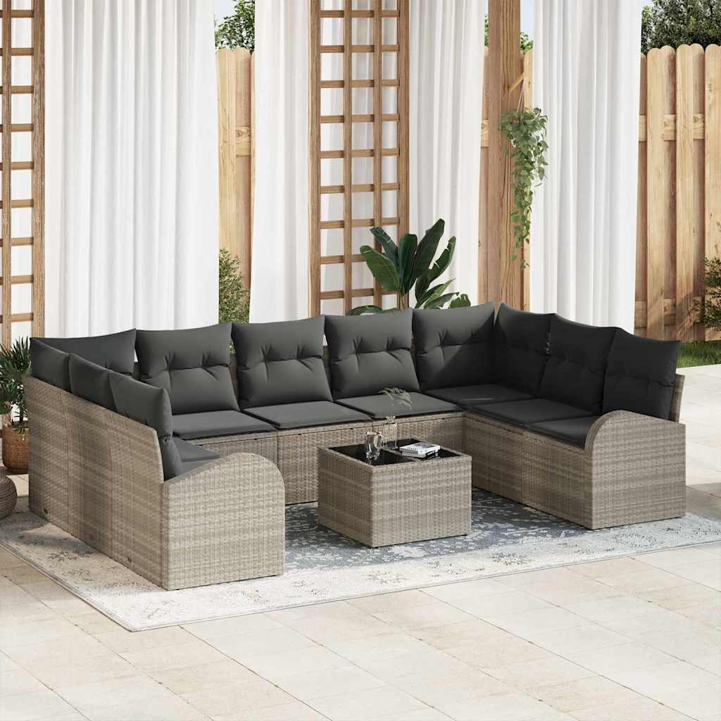 Tuinbankenset met kussen 10 pcs Lichtgrijs poly rattan is nu te koop bij PeponiXL, paradijselijk wonen!