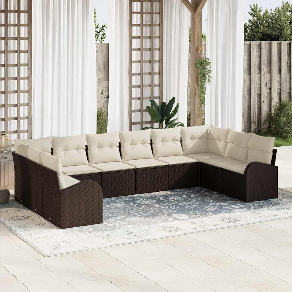 Tuinbankenset met kussen 10 pcs Bruin en wit poly rattan is nu te koop bij PeponiXL, paradijselijk wonen!