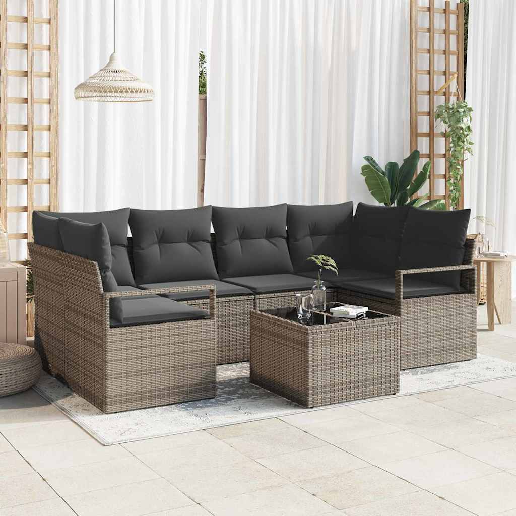Tuin Sofa Set met kussen 7 pcs Grijs Poly rattan, staal en glas is nu te koop bij PeponiXL, paradijselijk wonen!
