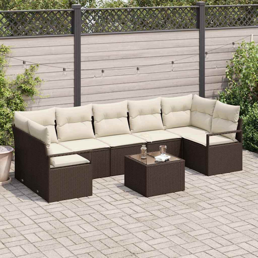 Tuin Sofa Set 8 pcs Bruin en Crème Poly rattan, staal en glas is nu te koop bij PeponiXL, paradijselijk wonen!