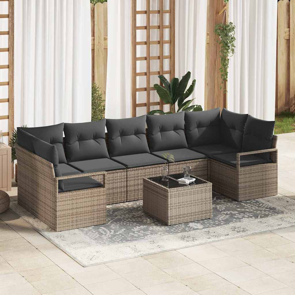 Tuin Sofa Set met kussen 8 pcs Grijs Poly rattan, staal en glas is nu te koop bij PeponiXL, paradijselijk wonen!