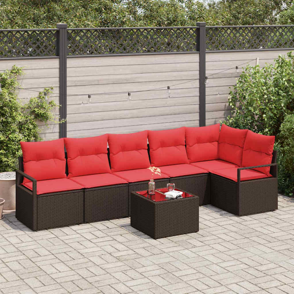 Tuinbankenset met kussen 7 pcs Bruin en Rood poly rattan is nu te koop bij PeponiXL, paradijselijk wonen!