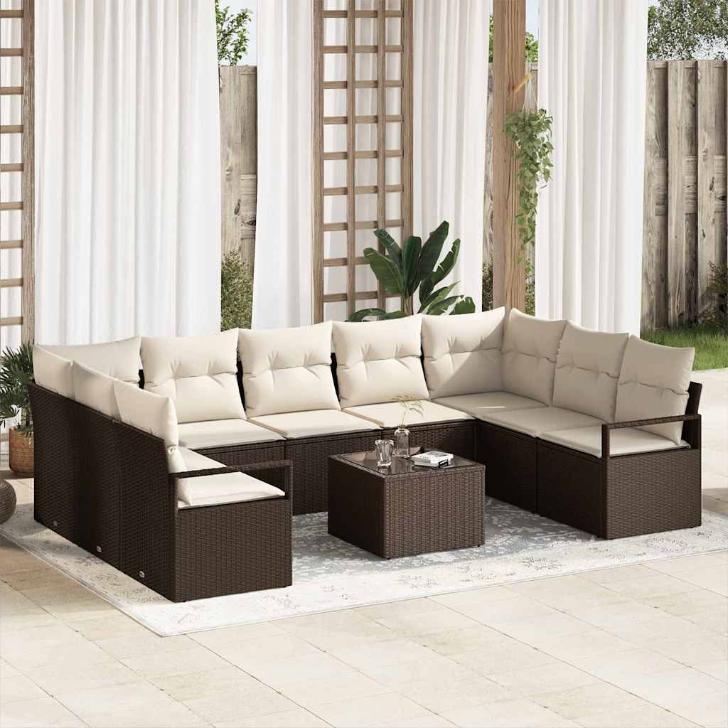 Tuinbankenset met kussen 10 pcs Bruin en Crème poly rattan is nu te koop bij PeponiXL, paradijselijk wonen!