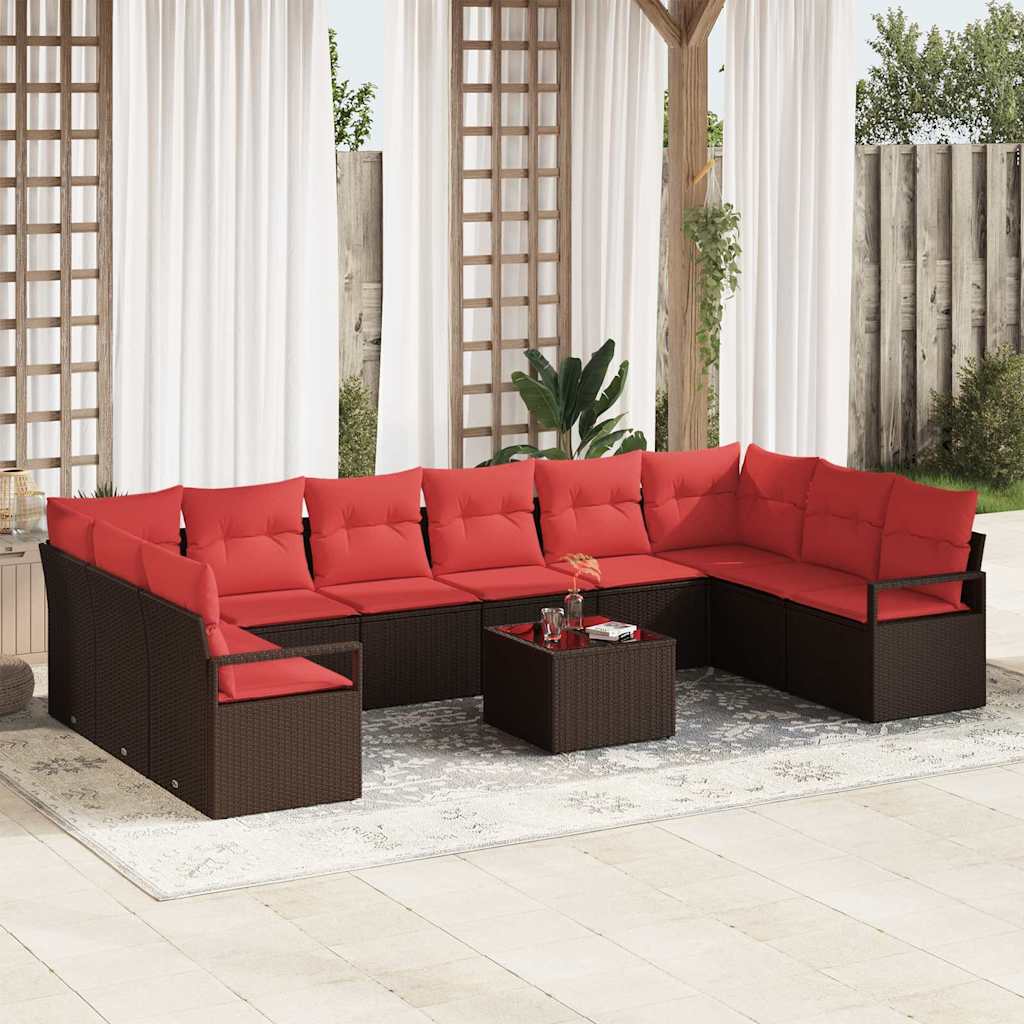 Tuinbankenset met kussen 11 pcs Bruin en Rood poly rattan is nu te koop bij PeponiXL, paradijselijk wonen!