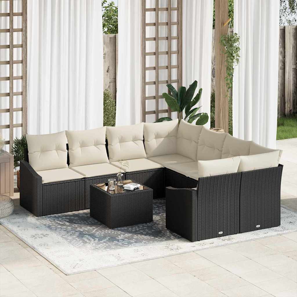 Bankstel met kussen met opslag 9 pcs Zwart en Crème poly rattan is nu te koop bij PeponiXL, paradijselijk wonen!