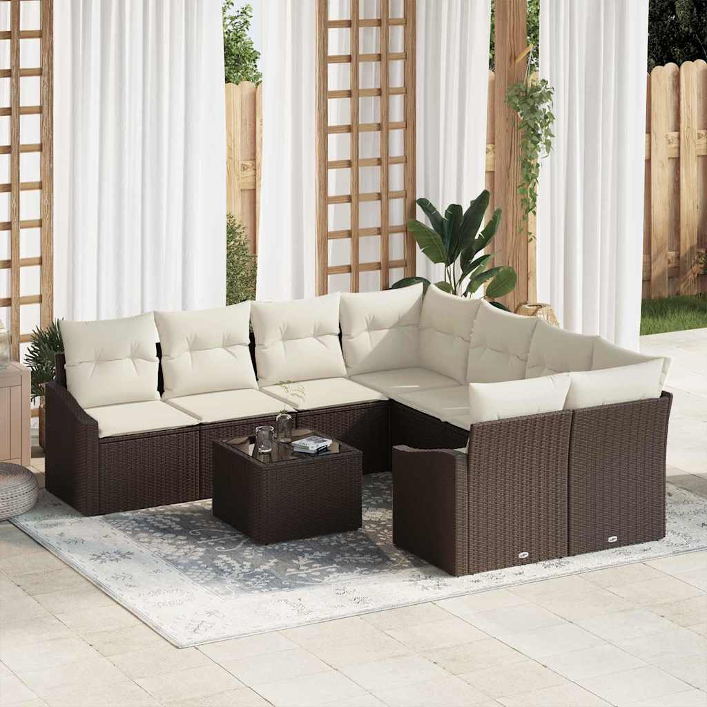 Bankstel met kussen met opslag 9 pcs Bruin en Crème poly rattan is nu te koop bij PeponiXL, paradijselijk wonen!