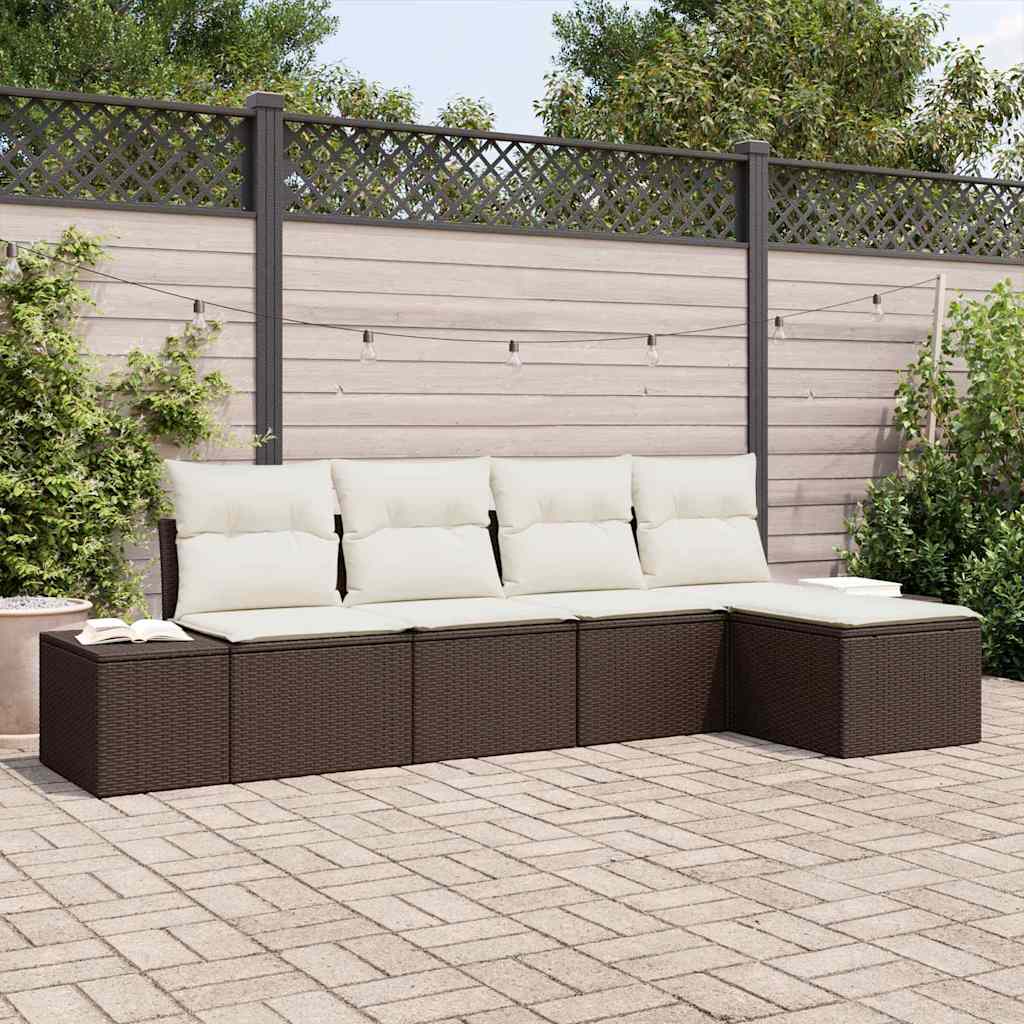 Tuin Sofa Set met kussen 5 pcs Bruin en Crème poly rattan is nu te koop bij PeponiXL, paradijselijk wonen!