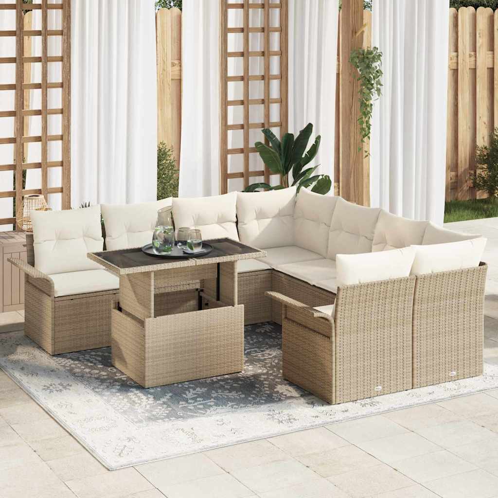 Tuin Sofa Set met kussen met opslag 9 pcs Beige Poly Rattan is nu te koop bij PeponiXL, paradijselijk wonen!