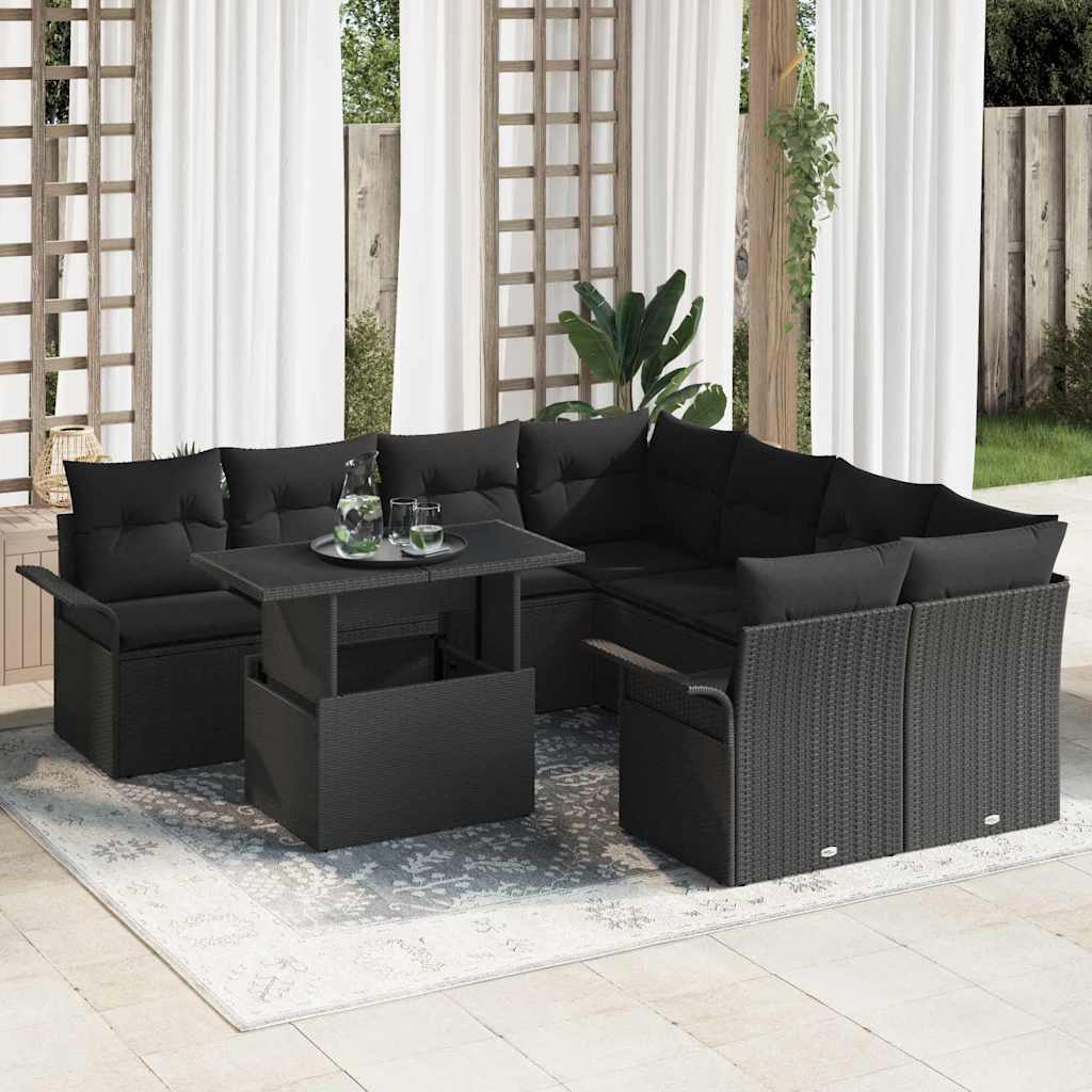 Tuin Sofa Set met kussen met opslag 9 pcs Zwart Poly Rattan is nu te koop bij PeponiXL, paradijselijk wonen!