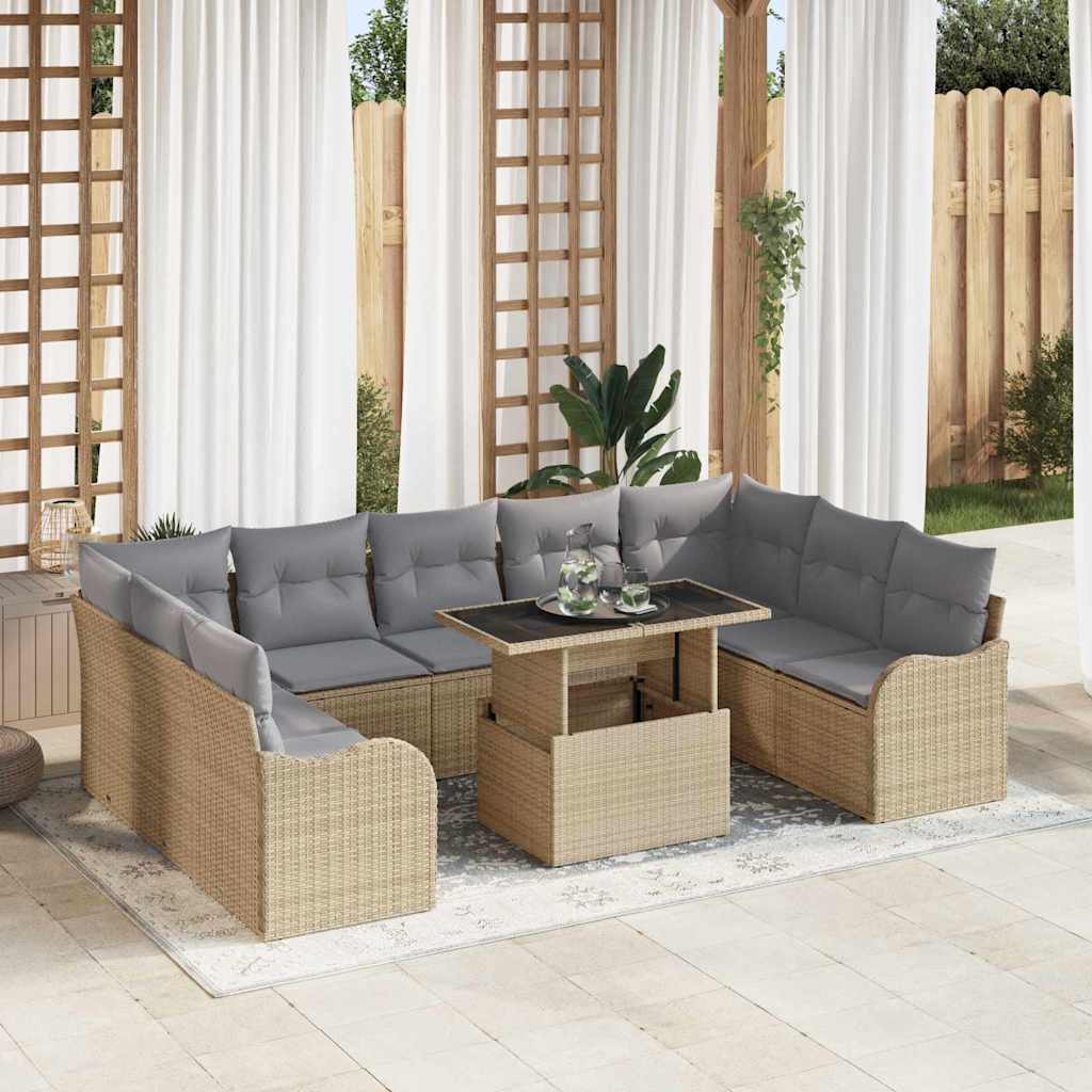 Tuin Sofa Set met kussen met kussen 10 pcs Beige Poly Rattan is nu te koop bij PeponiXL, paradijselijk wonen!