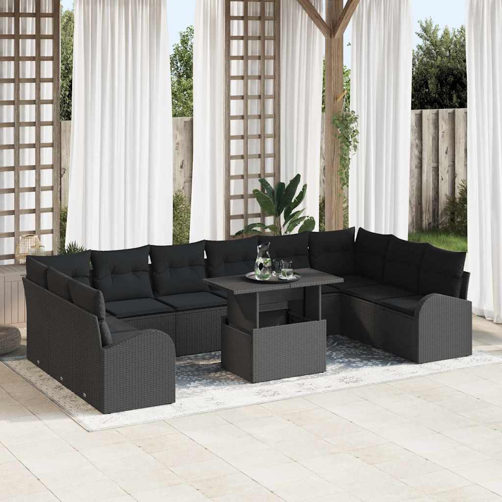 Tuin Sofa Set met kussen met opslag 11 pcs Zwart Poly riet is nu te koop bij PeponiXL, paradijselijk wonen!