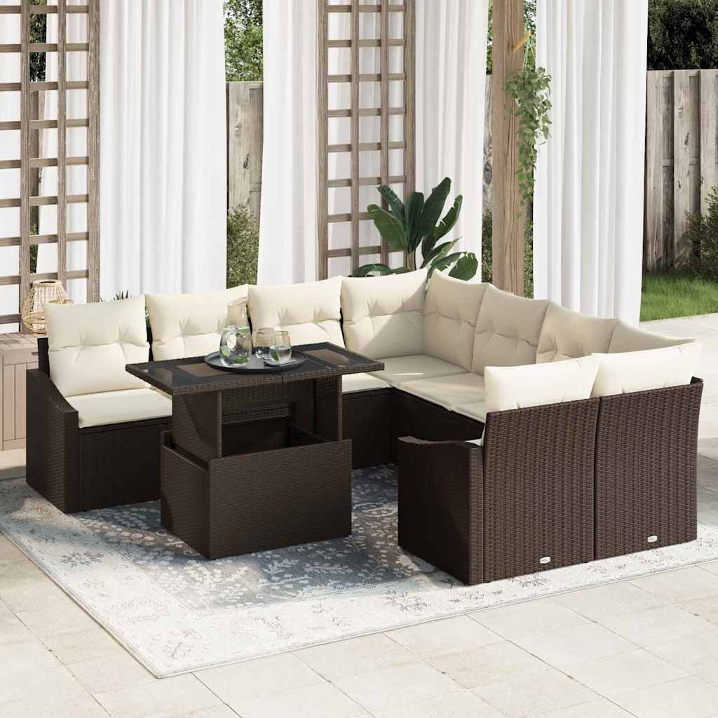 Tuin Sofa Set met kussen met opslag 9 pcs Bruin poly rattan is nu te koop bij PeponiXL, paradijselijk wonen!