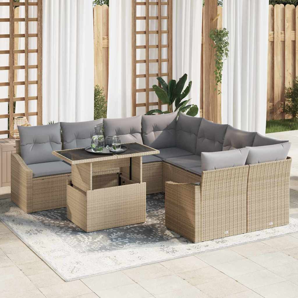 Tuin Sofa Set met opslag 9 pcs Beige Poly riet is nu te koop bij PeponiXL, paradijselijk wonen!