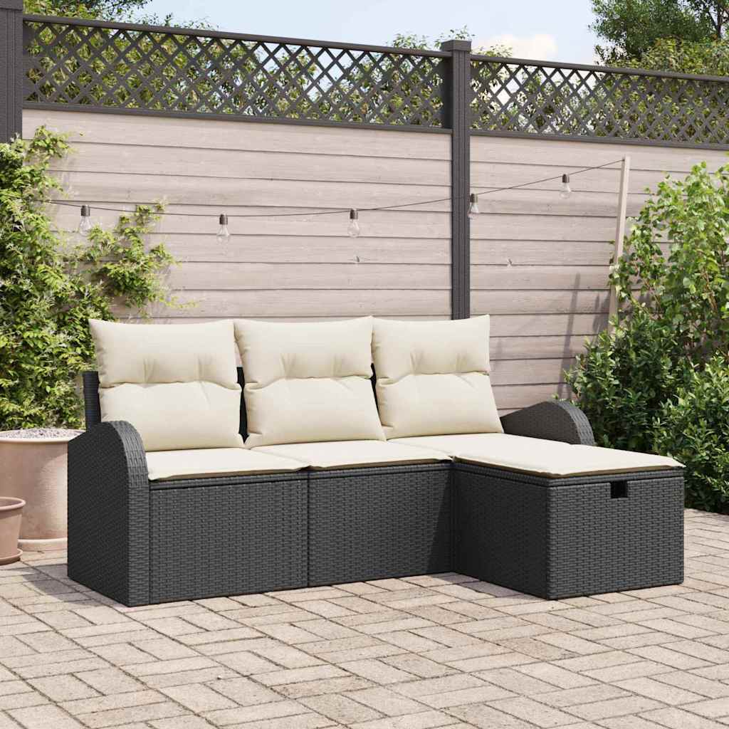 Bankstel met kussen met opslag 4 pcs Zwart en Crème poly rattan is nu te koop bij PeponiXL, paradijselijk wonen!
