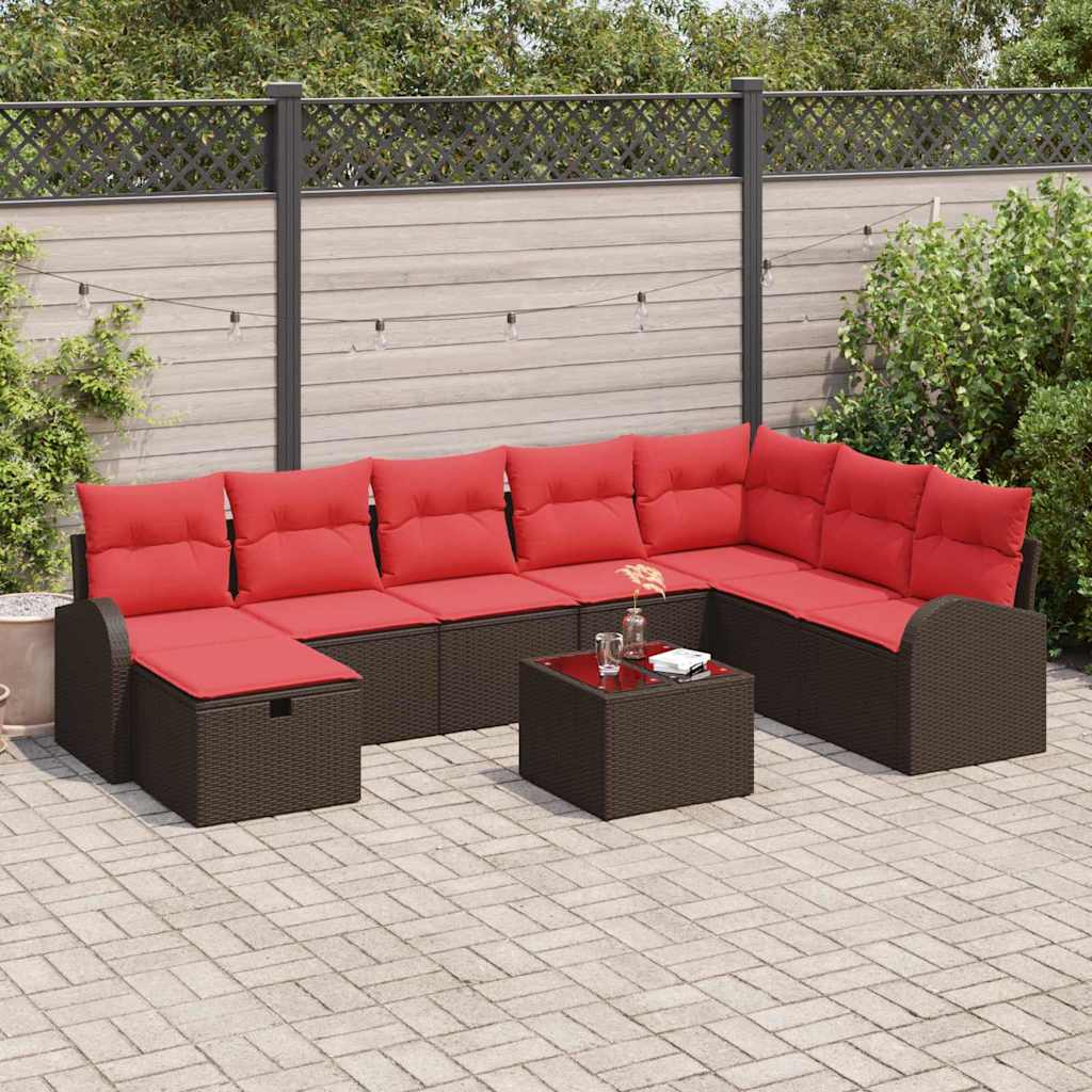 Bankstel met kussen met opslag 9 pcs Bruin en Rood poly rattan is nu te koop bij PeponiXL, paradijselijk wonen!