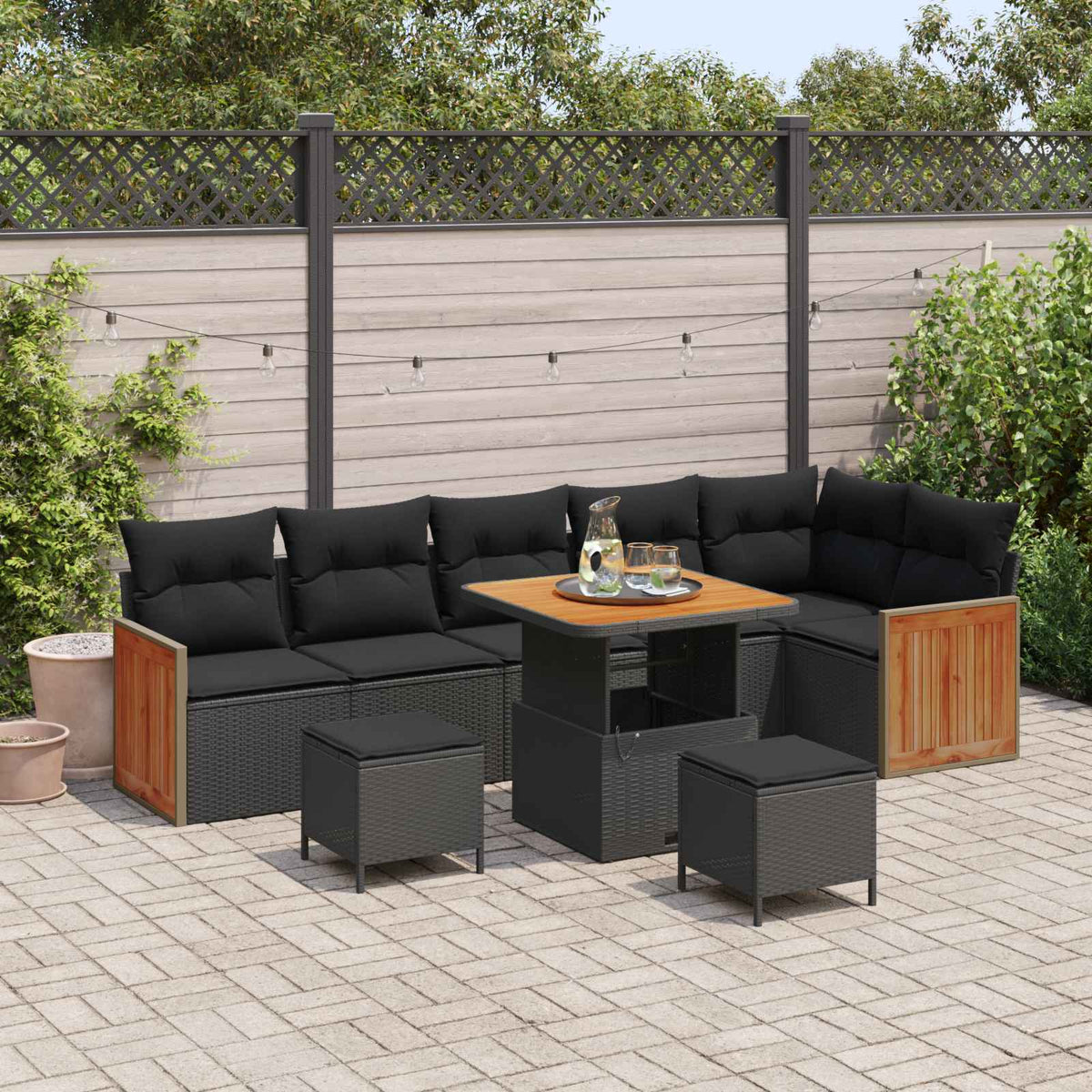 Tuinbankenset 9 pcs Zwart Poly Riet en Poedercoated Staal is nu te koop bij PeponiXL, paradijselijk wonen!