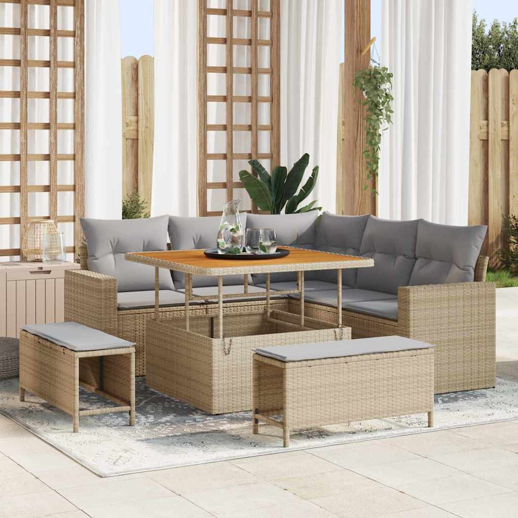 Tuinbankenset met kussen 9 pcs Beige en Licht Grijs poly rattan is nu te koop bij PeponiXL, paradijselijk wonen!