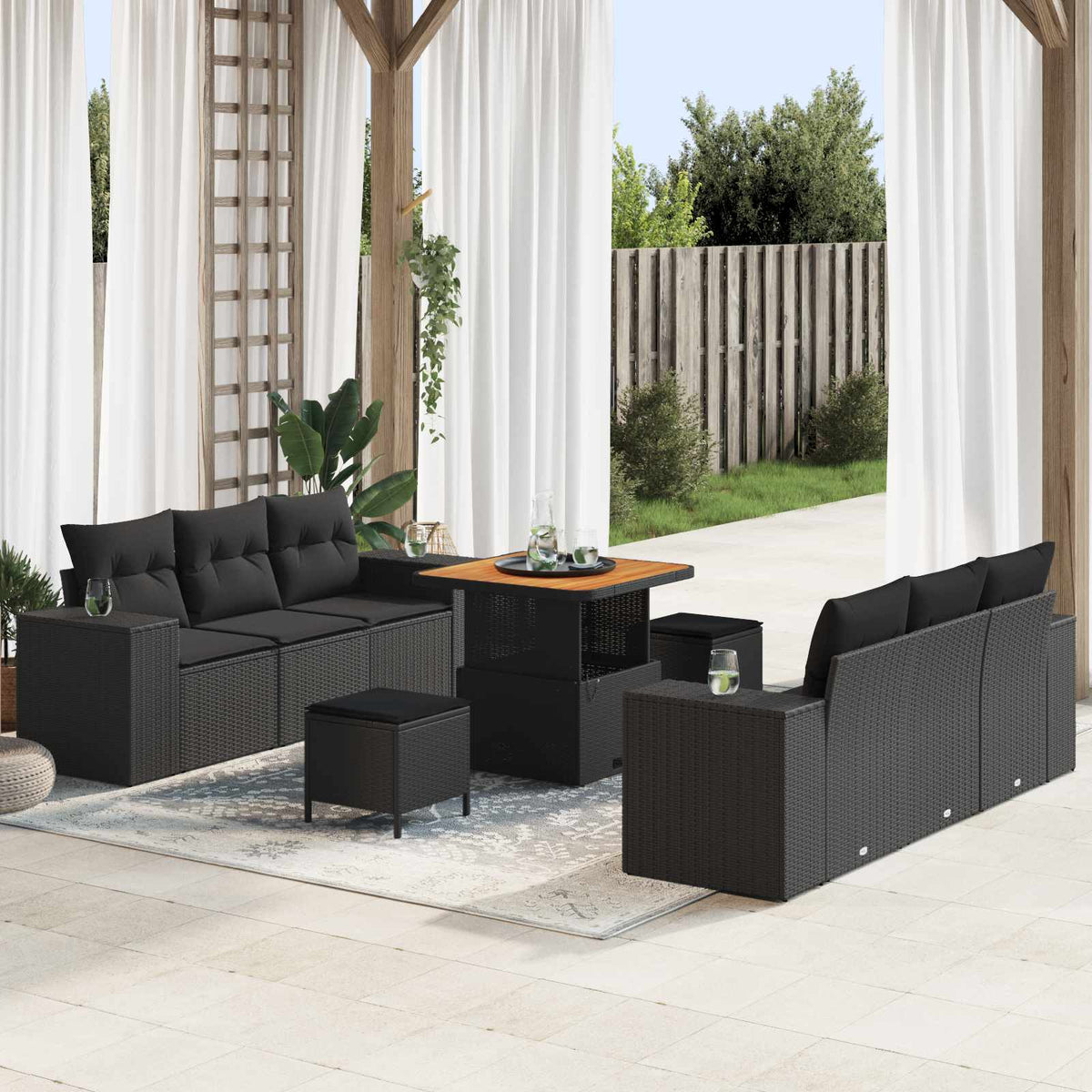 Tuin Sofa Set met kussen Zwart 221 x 204 x 85 cm Poly Rattan is nu te koop bij PeponiXL, paradijselijk wonen!