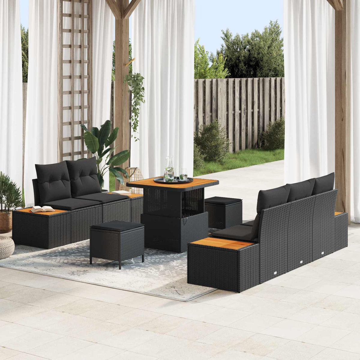 Tuin Sofa Set 8 pcs Zwart Poly Rattan en Poedergecoat Staal is nu te koop bij PeponiXL, paradijselijk wonen!