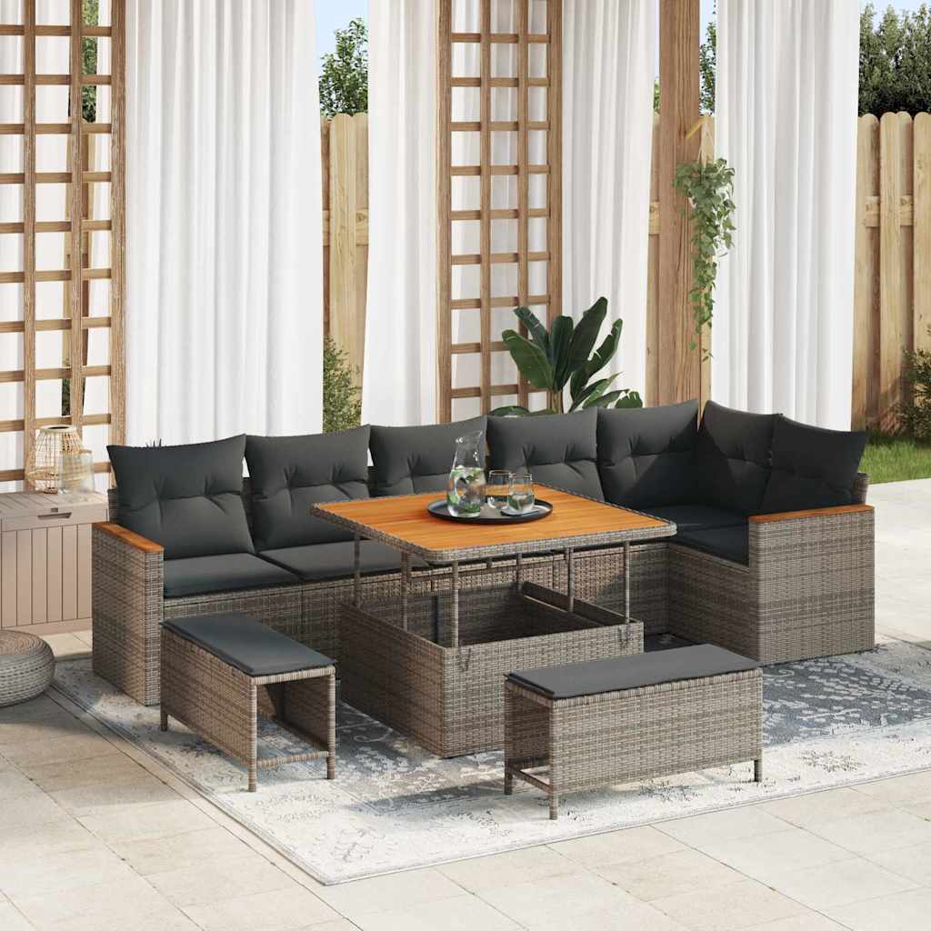 Tuin Sofa Set met kussen 9 pcs Grijs Poly riet is nu te koop bij PeponiXL, paradijselijk wonen!