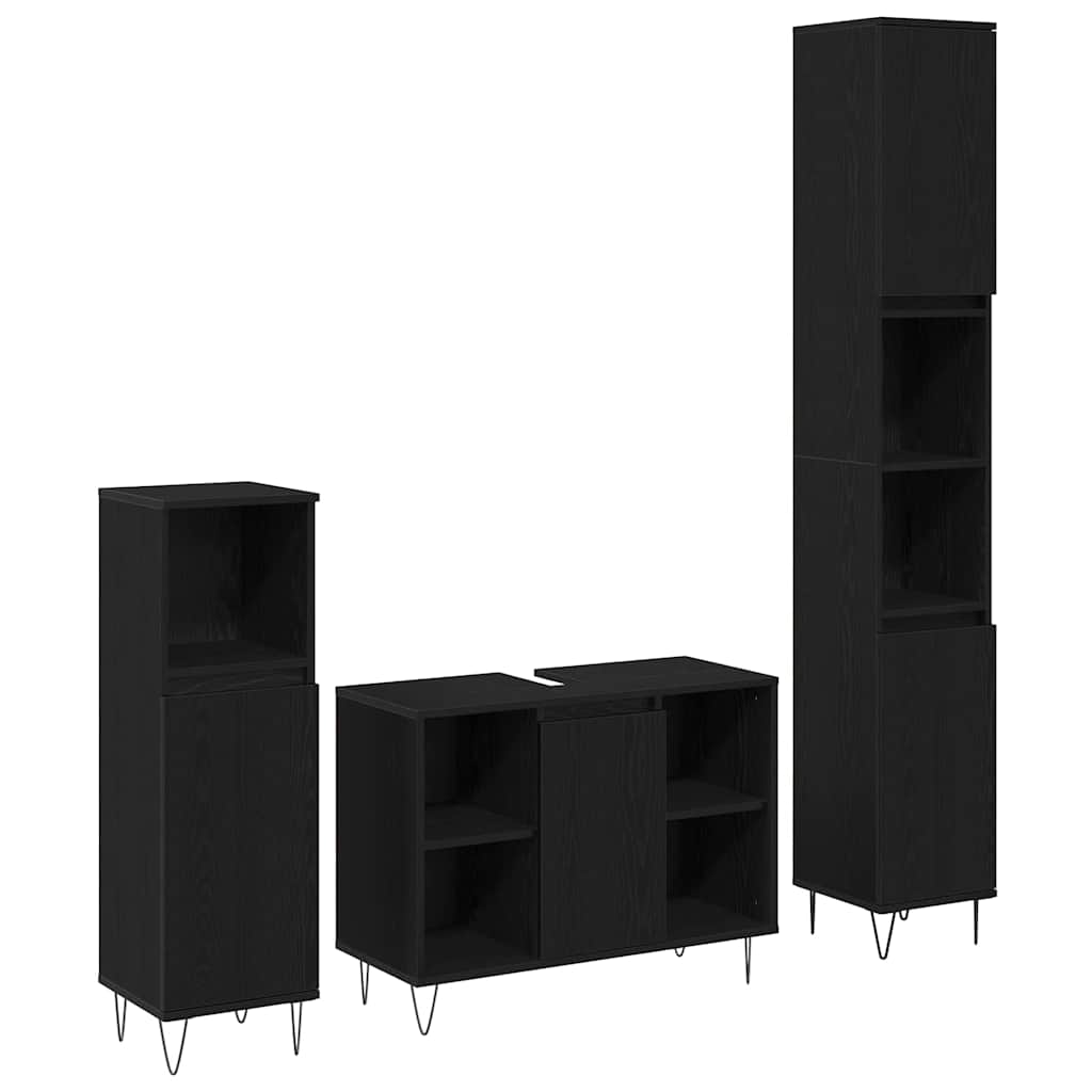 Badkamermeubelset met plank 3 pcs Zwart Eiken Bewerkt hout is nu te koop bij PeponiXL, paradijselijk wonen!