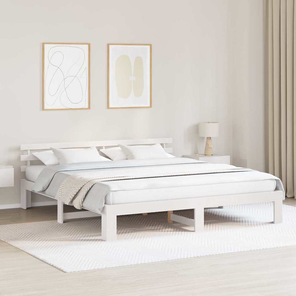 Bedframe met hoofdeinde Wit 200 x 200 cm Massief grenenhout is nu te koop bij PeponiXL, paradijselijk wonen!