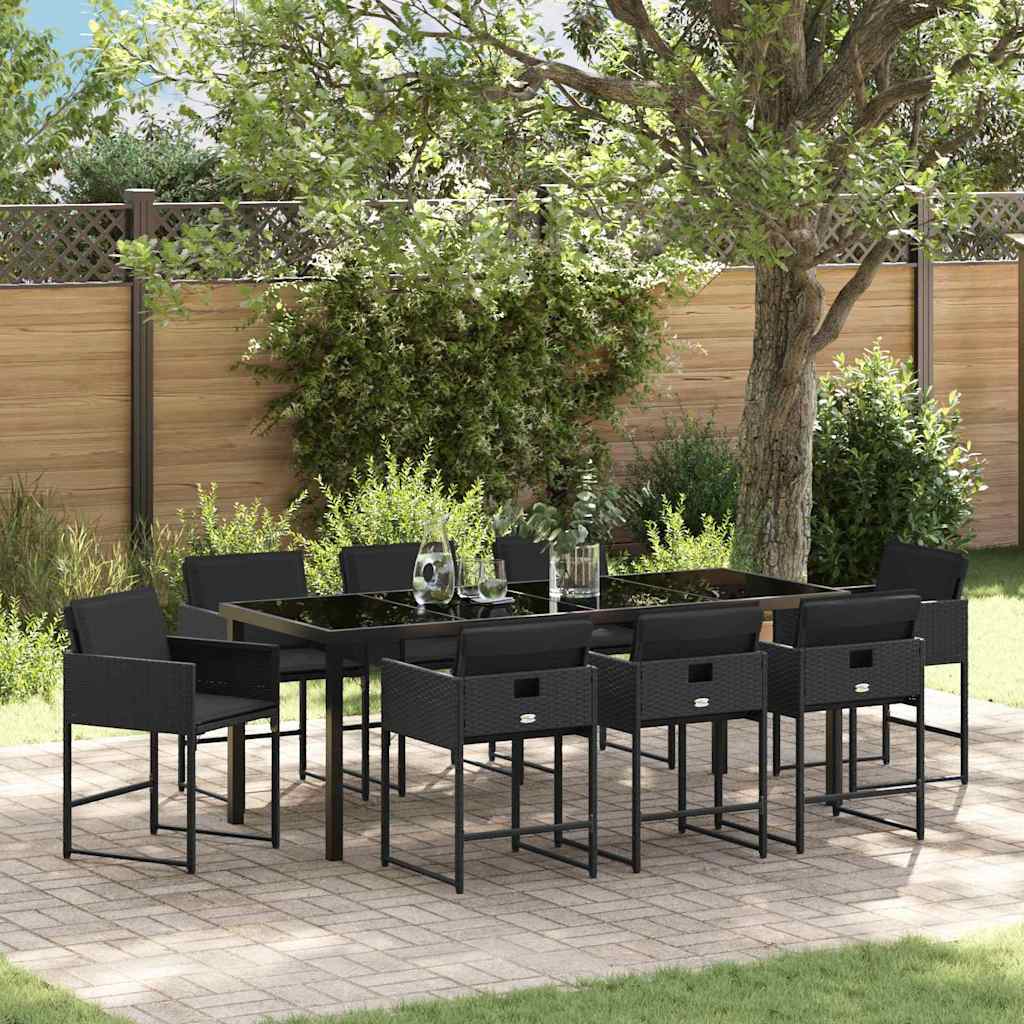 Tuin eettafelset met kussen 9 pcs Zwart poly rattan is nu te koop bij PeponiXL, paradijselijk wonen!