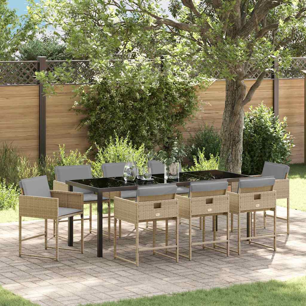 Tuin eettafelset met kussen 9 pcs Beige poly rattan is nu te koop bij PeponiXL, paradijselijk wonen!
