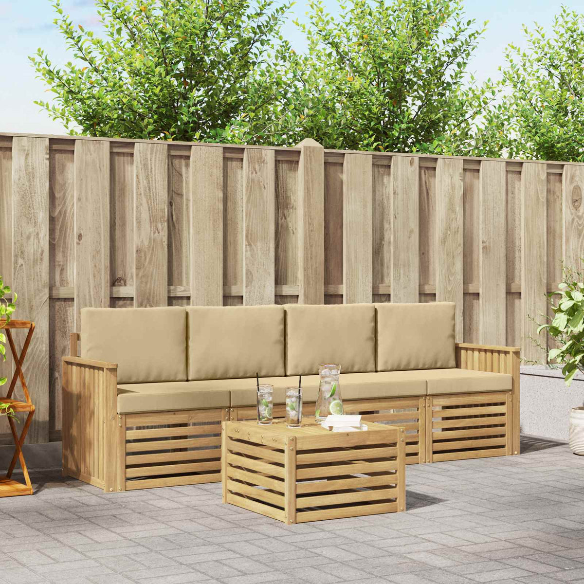 Buiten bankenset met kussen 5 pcs Wit en Beige Polyester is nu te koop bij PeponiXL, paradijselijk wonen!