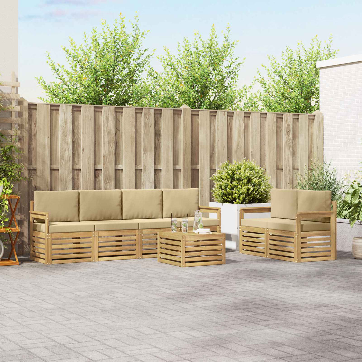 Buiten bankenset met kussen 7 pcs Wit en Beige Polyester is nu te koop bij PeponiXL, paradijselijk wonen!