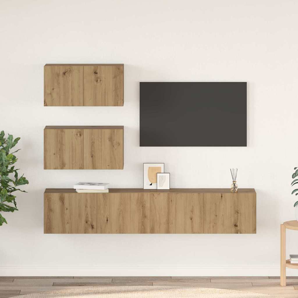Tv-meubelset Wandgemonteerd 4 pcs Artisanaal eiken Bewerkt hout is nu te koop bij PeponiXL, paradijselijk wonen!
