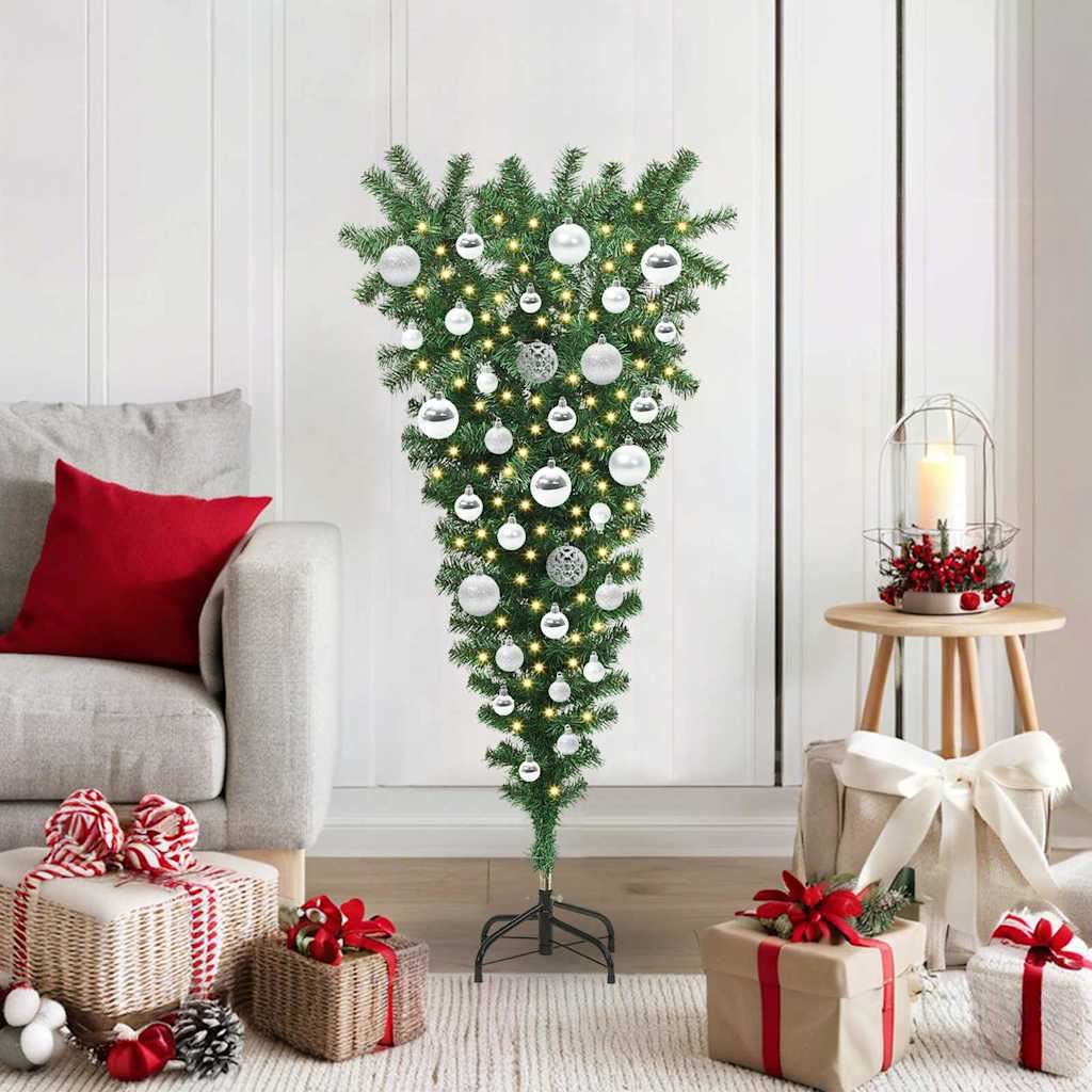 vidaXL Opwaartse Kunstkerstboom met Ballenset Groen 120 cm PVC