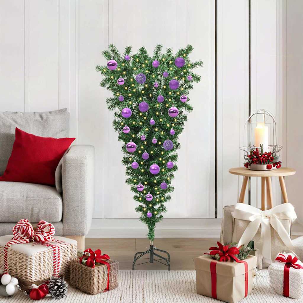 vidaXL Ondersteboven Kunstkerstboom met Ballenset Groen 120 cm PVC