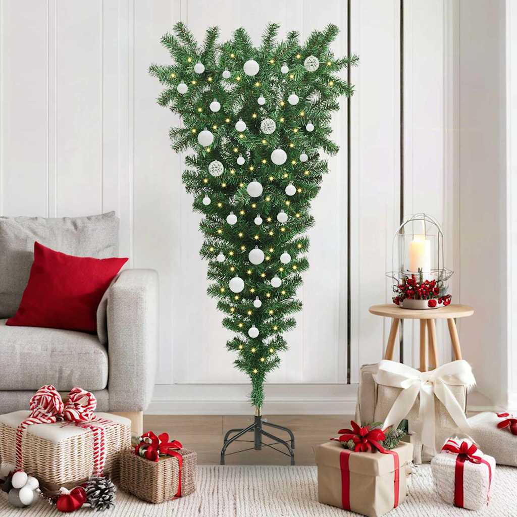 vidaXL Ondersteboven Kunstkerstboom met Bals Set Groen 150 cm PVC