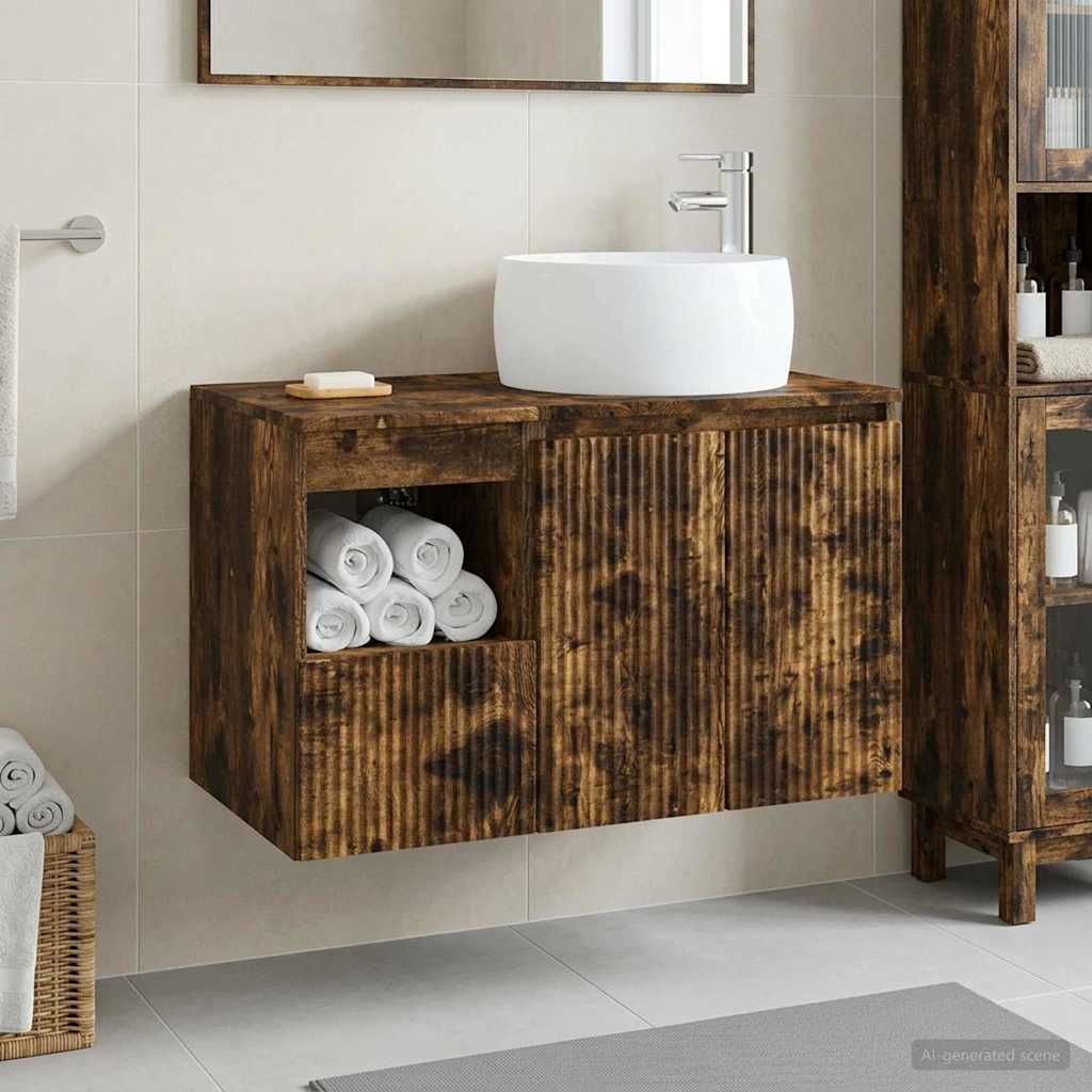 Badkamermeubelset 2 st Gerookt eiken Bewerkt hout is nu te koop bij PeponiXL, paradijselijk wonen!