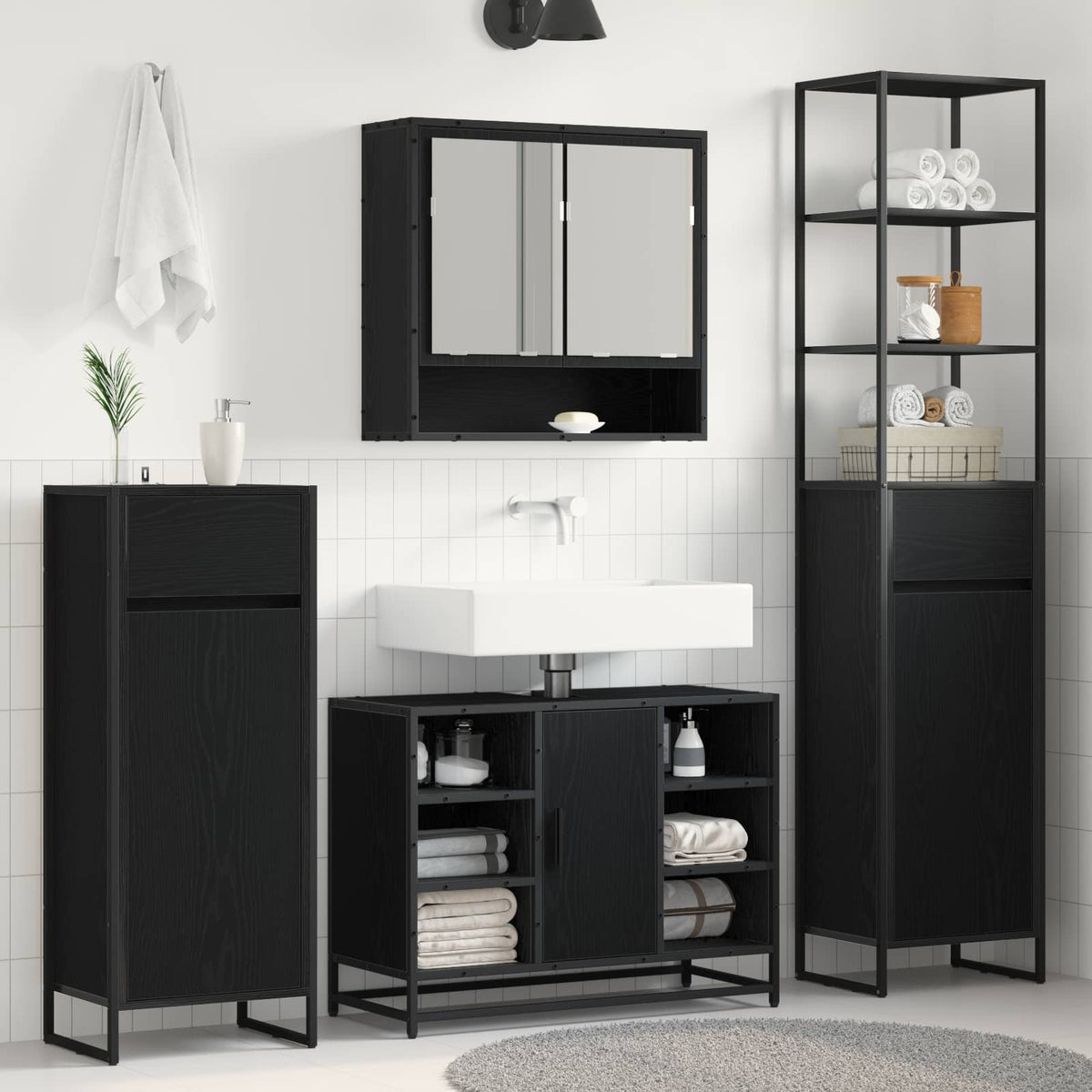Badkamer Kast Zwart Eiken 40 x 30 x 100 cm Bewerkt hout is nu te koop bij PeponiXL, paradijselijk wonen!
